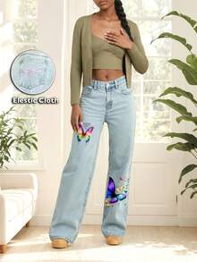 Ladies' Wide Leg Drawstring Jeans NZ001  Casual Streetwear With Buttons, Zipper, Bows, Pockets, All Season, Butterfly Pattern Print Design, Perfect Xmas New Year Valentine Gift - Style - View 1