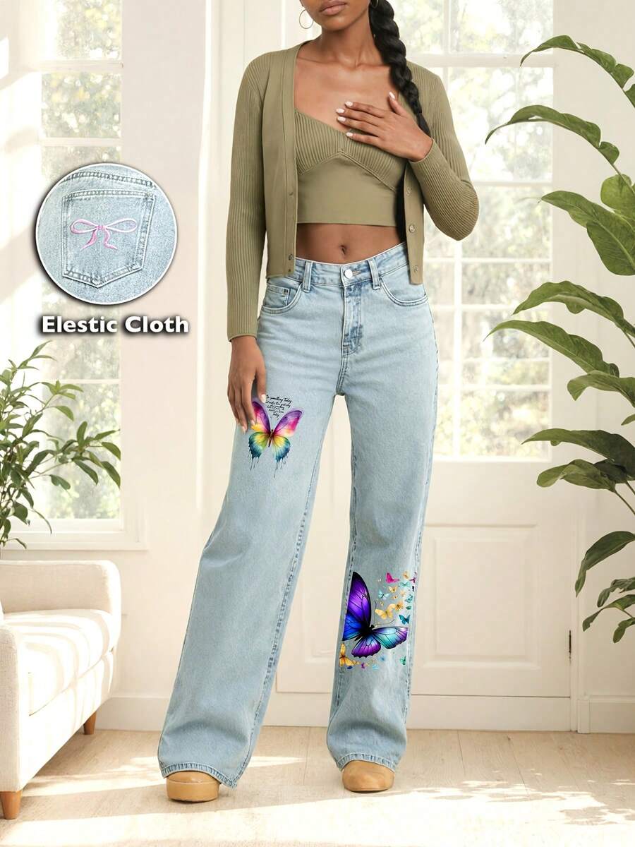 Ladies' Wide Leg Drawstring Jeans NZ001 Casual Streetwear With Buttons, Zipper, Bows, Pockets, All Season, Butterfly Pattern Print Design, Perfect Xmas New Year Valentine Gift - Style - View 1