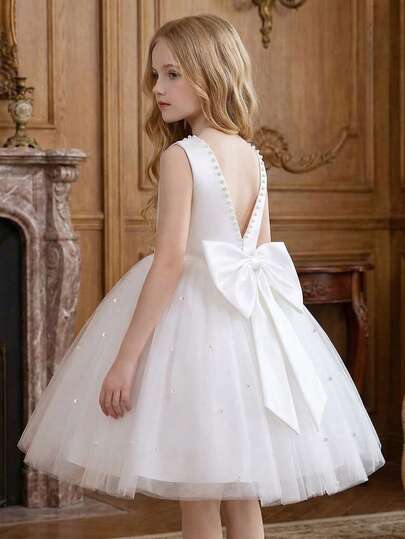 Tween Girl White Short Dress, Elegant Backless Bow Tulle Skirt, Beaded Decor, Suitable For Birthday Party, Wedding, Prom, Banquet, Bridesmaid, Flower Girl, Graduation