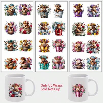 3pcs Highland Cattle And Flowers UV DTF Stickers, Sticker Art And Handcraft, Stickers And Decals For Cycling, Waterproof And Scratch-Resistant, Suitable For Glass Cups, Mugs, Packaging Boxes, Phone Cases, Cycling Helmets, Bike Frames, Wheel Rims, And Other Surfaces, Home Decoration, Holiday Decoration, Atmosphere Decoration, Journal Decoration, Art Decoration Stickers