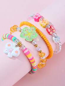 4件套女孩可爱花朵、蝴蝶、向日葵吊坠项链、串珠手链首饰套装，适合节日派对生日礼物，颜色随机 - 彩色 - 查看 3
