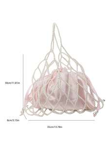 法式仙女珍珠串珠单肩包，粉色天鹅绒抽绳袋内衬，高品质精致小众设计可爱手提包，镂空珍珠包 - 粉色 - 查看 8