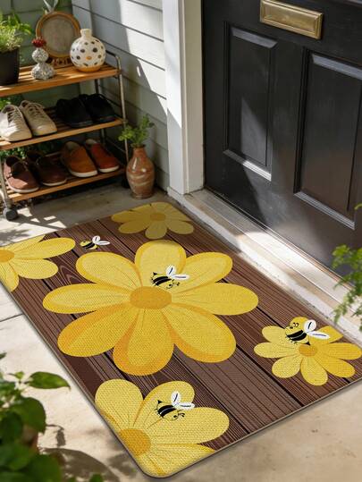 1 pieza Felpudo de entrada con diseño de abeja, alfombra de entrada al hogar, alfombra de pasillo, material similar al lino, adecuado para varias puertas de entrada, lavable y fácil de mantener, aplicable para entrada, balcón, baño, cocina, dormitorio y talla grande escenarios