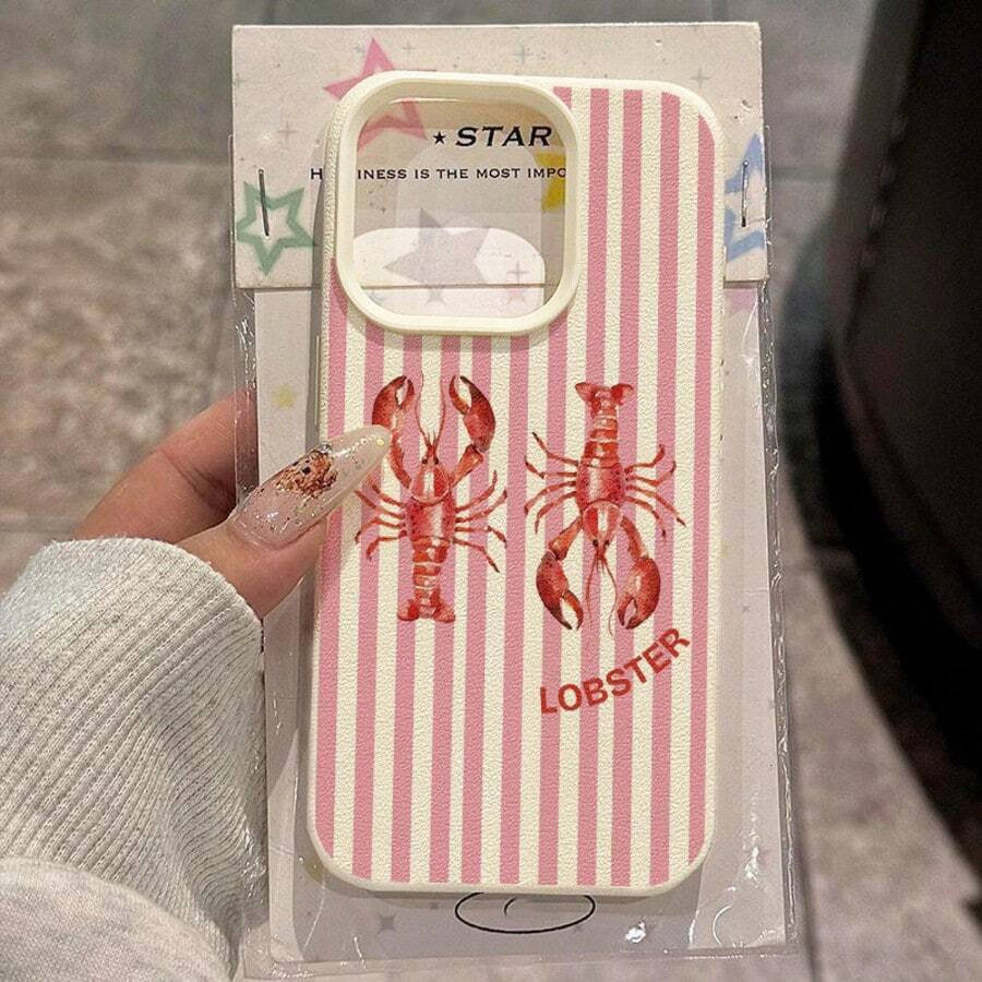 Striped 1pc TPU Material Cute Healing Lobster Pattern Phone Case Suitable For Apple 17 Pro Max/17/16 Pro Max/15/13/12/11, S20 FE/A15/S24/A55, Note 11/Note 12/Note 13 Pro, Full Coverage Anti-Drop Soft Protective Phone Cover,International Version, Not The Domestic Version - White - View 1