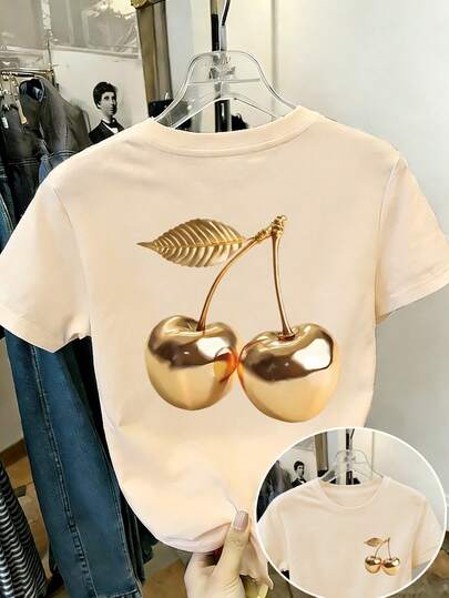 Tween Girl Gold Cherry Print T-Shirt, Soft And Comfortable Fabric, Suitable For Girls' Outdoor Sports, Daily Wear, Street Style, Campus Style, Fashionable Casual Top For Spring And Summer