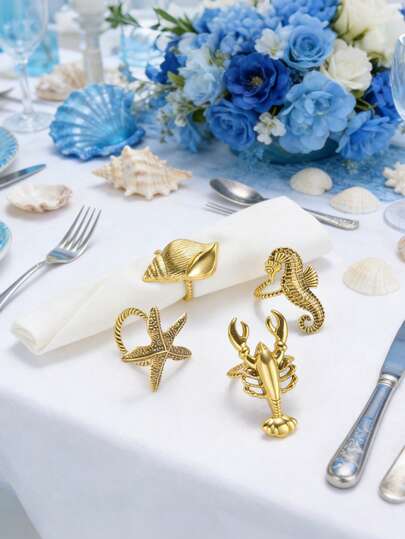 4pcs/Set Ocean Series Napkin Rings, Suitable For Wedding Party Table Decor, Seahorse, Starfish, Lobster, Seashell Napkin Holders