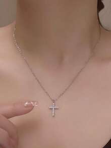 1pc Stainless Steel Cross Pendant Necklace With Zirconia, Suitable For Women's Daily Wear - Bạc - Xem 2