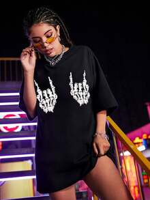 Camiseta Oversize con Estampado de Mano de Esqueleto, Camisetas Gráficas para Mujer - Negro - Ver 5