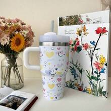 600ml Thermal Mug With Handle, Lid And Straw – Flower Print 1866-600ml - Branco 1 - 查看 3