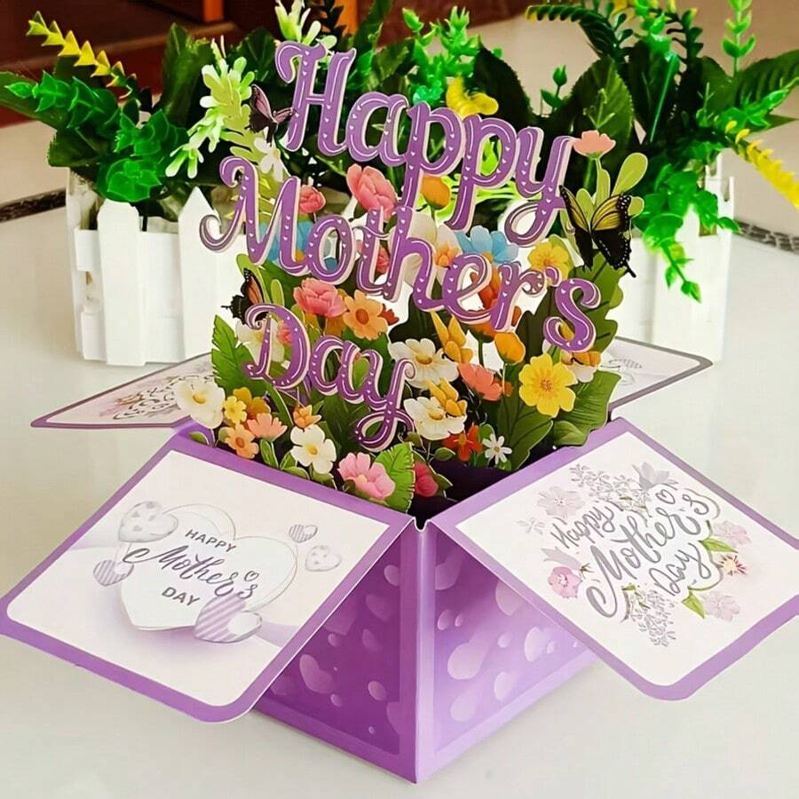 1 Mother's Day Card | 3D Engraved Box Card With Envelope, Floral Theme, Paper Material, English - Màu tím - Xem 1