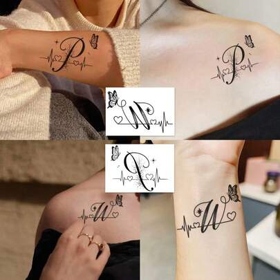 4pcs Minimalist Fresh INS Style Temporary Tattoos, Heart, Butterfly, ECG Patterns, Romantic Couple Tattoo Stickers For Valentine's Day