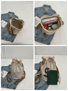 Spring/Summer New Black/Beige/Khaki Letter Print Casual Canvas Shoulder Bag, Crossbody Bag, High-Value Student Backpack, Drawstring Bucket Bag, Lightweight Portable, Adjustable Strap, Fits Books, Files, Stationery, Phone, Power Bank, Water Bottle, Office/Commute - Multicolor - View 8