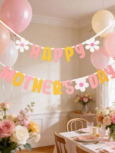 Bộ 1 banner trang trí tiệc Ngày của Mẹ với dòng chữ "Chúc mừng Ngày của Mẹ" và hoa, thích hợp để trang trí phông nền tiệc và làm đạo cụ chụp ảnh. Đây là vật trang trí Ngày của Mẹ hoàn hảo có thể treo trong nhà hoặc ngoài trời.