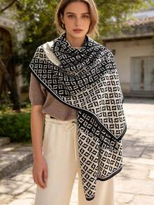1 pieza Bufanda grande de mujer con estampado de cuadros, suave y agradable a la piel con sensación de seda, chal para protección solar en primavera/verano - Blanco y negro L - Ver 4