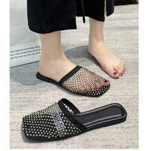 Rhinestone Hollow Mule Slippers For Women, Flat Bohemian Holiday Sandals, European And American Fashion Round Toe Ladies Black Slides - Black - View 4