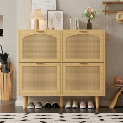 Shoe Cabinet With 4 Drop-Down Drawers, Rattan Shoe Chest With Metal Handles, Shoe Rack For Hallway, Bedroom, Apartment, Wooden Furniture, Country Style, Dimensions: 100 X 25 X 90 Cm