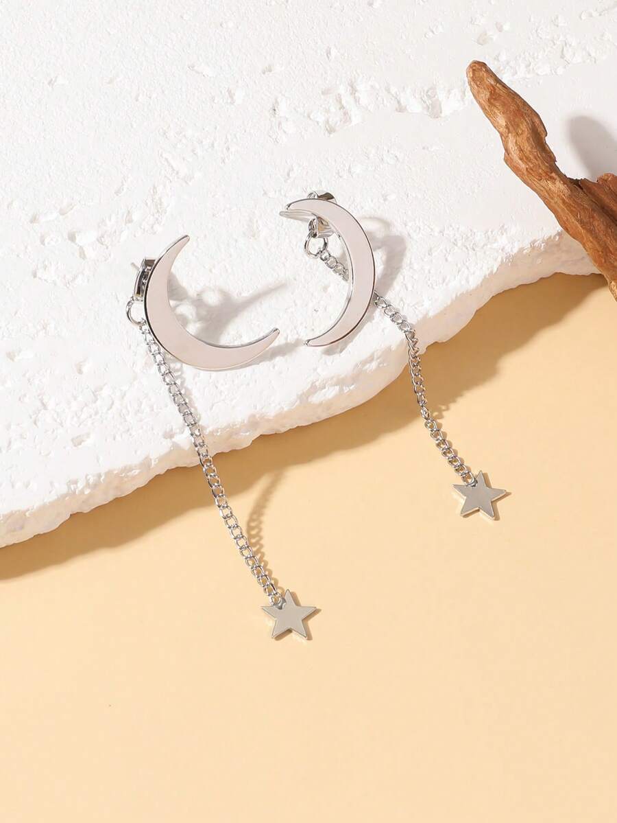 1 Pair Elegant Star & Moon Design Earrings, Minimalist Chic Lightweight Tassel Front & Back Earrings, Versatile Daily Wear - Earrings - View 1