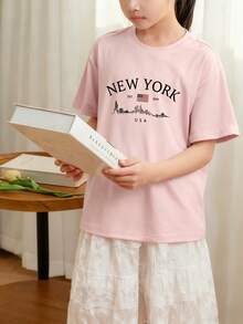 少女休闲粉色印花圆领短袖T恤，夏季上衣 - 粉色 - 查看 2