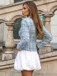 Women's Elegant Light Blue Tweed Double Breasted Short Overcoat - Blue - View 2