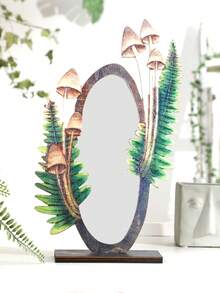 1pc-Bohemian Vintage Fern & Mushroom Print Tabletop Mirror - Decorative Oval Desktop Mirror For Bedroom, Living Room & Home Aesthetic, Blending Practical Functionality With Cozy Ambiance, A Must-Have Decor Piece To Elevate Your Home - Multicolor - View 5
