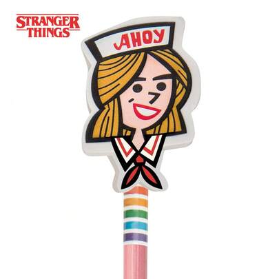 Netflix 1/2PCS Stranger Things Officially Licensed Scoops Ahoy Robin Buckley And Eleven Pencil Topper Erasers Set Inspired Character Pencil With Built In 3D Eraser Figure School Writing Stationery Collectible Gift For Fans