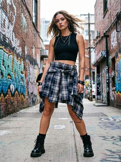 New Plaid Lace-Up Skirt, Punk Style Spring Summer Party Unisex Asymmetric Layered Plaid Skirt, Sexy Punk Music Festival Party Outfit, American Plaid Style Layered Hem Skirt