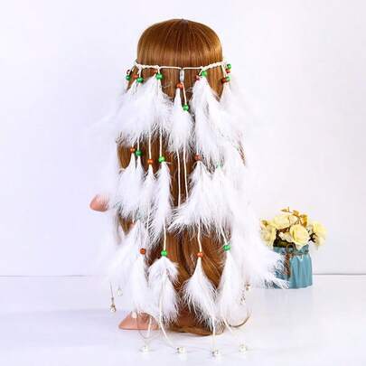 1pc Elegant Bohemian White Feather Headband - Unique Tassel Headpiece With Beaded Details, Suitable For Weddings, Parties, Vacations And Other Occasions