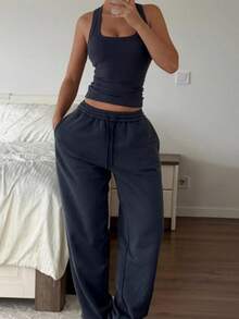 2 piezas Conjunto de top corto sin mangas de cuello cuadrado y pantalones con cordón en la cintura para mujer, hecho de tela elástica, adecuado para uso diario en verano - Azul Marino - Ver 1