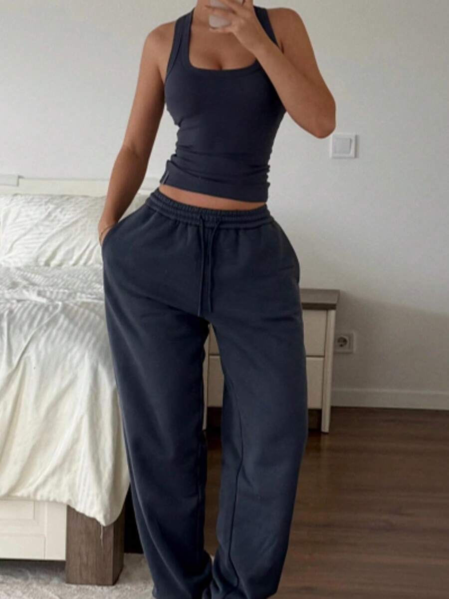 2 piezas Conjunto de top corto sin mangas de cuello cuadrado y pantalones con cordón en la cintura para mujer, hecho de tela elástica, adecuado para uso diario en verano - Azul Marino - Ver 1