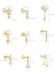 925纯银耳骨穿刺饰品，平底耳廓耳环，女士低过敏性18K镀金耳骨耳环，耳屏耳骨耳廓平底耳钉 - 金色 - 查看 2
