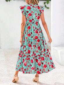 Women's Summer Print Mid-Length Dress With Sleeve Cap V-Neck Ruffled Long Flowing Bohemian Style Casual Beach Holiday Dress - 綠底紅花色 - 查看 2