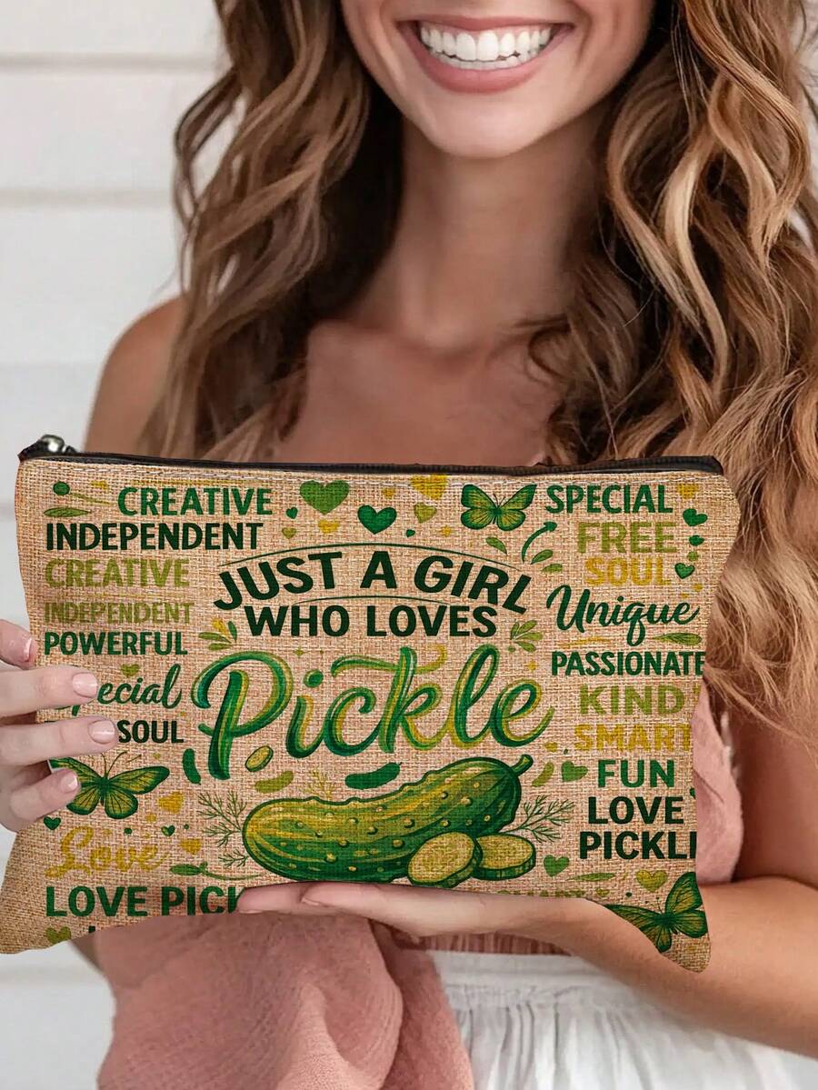 1pc "Just A Girl Who Loves Pickle" Printed Cosmetic Bag, Modern Polyester Lightweight Travel Organizer - Multicolor - View 1