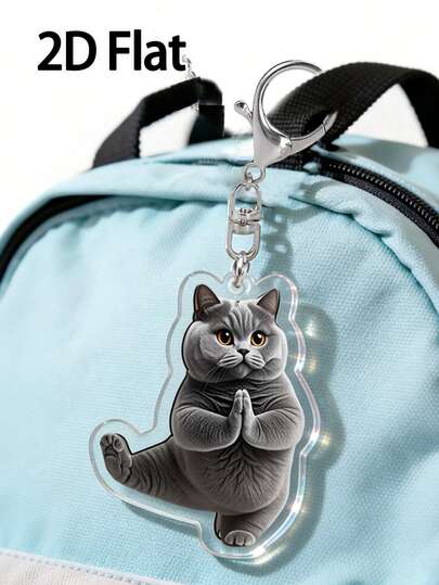 2d Flat Yoga Cat Acrylic Keychain - Grey Cartoon Design - Suitable For Backpacks, Car Keys, And Festival Decorations - Ideal Gift For Cat Lovers - Cat Accessories - Bag Pendants, Cups, Keychain Accessories, Birthday And Festival Gifts For Family And Friends, Suitable For Home, Office, Home Decor, Wedding Season, Souvenirs, Bridesmaids Gifts