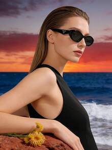 Gafas de sol de mujer con marco negro, protección UV, estilo de playa de verano - Negro - Ver 2