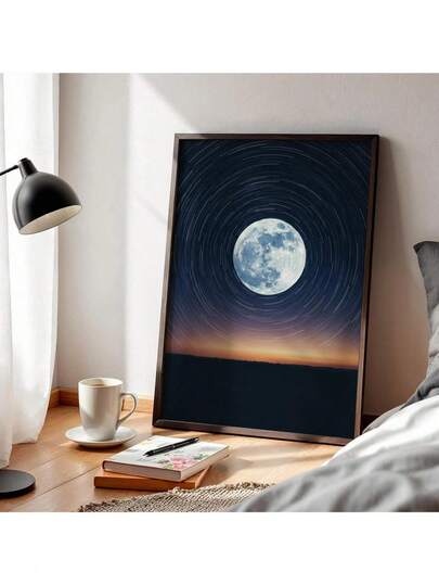 1 Piece Full Moon Starry Sky Decor Poster. Star Trail Art Poster. Wall Decor. Home Canvas Art Wall Decor. Perfect For Living Room, Bedroom And Home Office. Canvas Wall Art, Room Poster, Home Decoration, Room Decor, Interior Decor. Frame Optional.