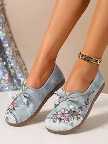 Giày thể thao nữ thêu nơ ngọc trai, kiểu dáng thường ngày thoải mái, phong cách Trung Quốc, thích hợp cho mùa xuân/thu. - Xám - Xem 5