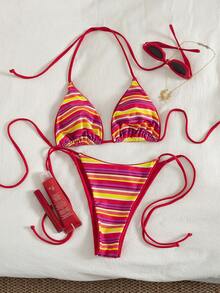 2023 Summer Vacation Beach Leopard Print Sexy Halter Tie Bikini Set - Red Stripes - View 6