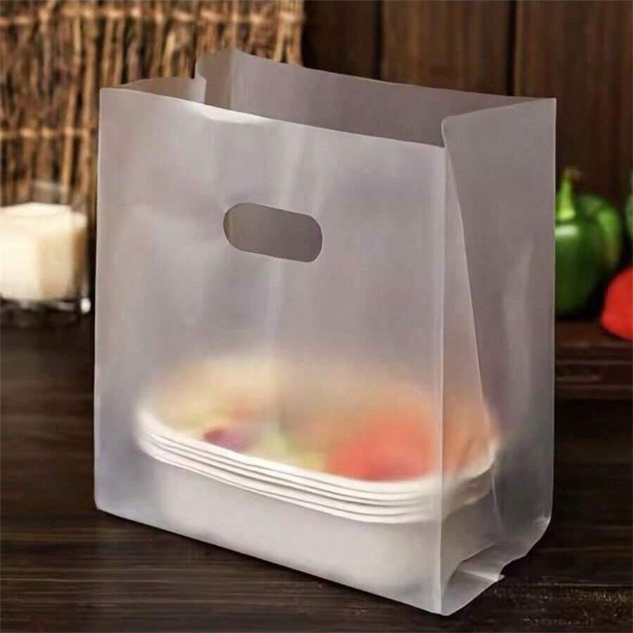 100个透明塑料礼品袋，带提手，PET材质，无涂层，适用于食品包装，例如沙拉、蛋糕、披萨、面包、甜点、糖果等，可用于婚礼、生日、派对、圣诞节、万圣节、感恩节、情人节、伊斯兰新年等场合。