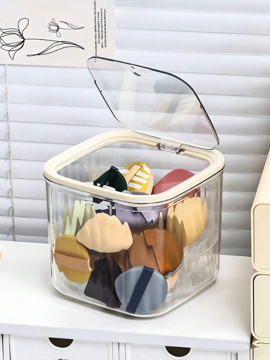 1pc Powder Puff Storage Box, Press-Open Lid, Dust-Proof, Large Capacity Desktop Organizer Box, Multi-Functional Storage Box For Storing Hair Accessories, Cosmetics, Serums, Lipsticks, BB Creams, Makeup Sponges, Suitable For Vanity Table