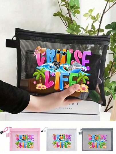 حقيبة شبكية مطبوعة بحرف الرحلة البحرية الملونة، حقيبة تخزين وفرز خفيفة الوزن للسفر والتنقل والمدرسة - حقيبة مستحضرات تجميل، حقيبة أدوات مكتبية، حقيبة مستحضرات تجميل، منظم كابلات، محفظة صغيرة، حقيبة شاطئ، حقيبة سحاب شفافة كبيرة السعة