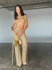Street Bombing, Dancing, Disco, Banquet, Party, Light Luxury, High-End, Ladies' Temperament, Sexy, Spicy Girl, Hollow Bead Set, Two Pieces - Vàng - Xem 3