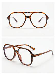 1pc Women's Double-Bridge Large Frame High-Quality Minimalist Fashion Decorative Glasses, Suitable For Daily Wear, Parties, And Casual Outfits - Tortoise Shell Frame Plain Mirror - View 5