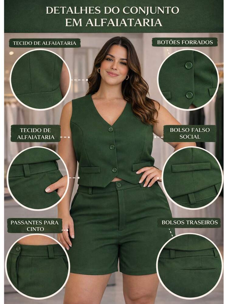 Conjunto Alfaiataria, Charlotte Plus size, Short + Colete - Verde - Visão 4