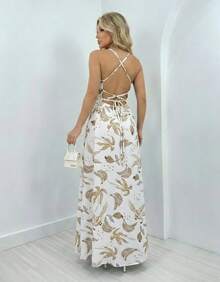 Women's Long Dress With Leaf Print, Crossed Straps, Casual, Summer, Tropical - 白色/裸色 - 查看 3