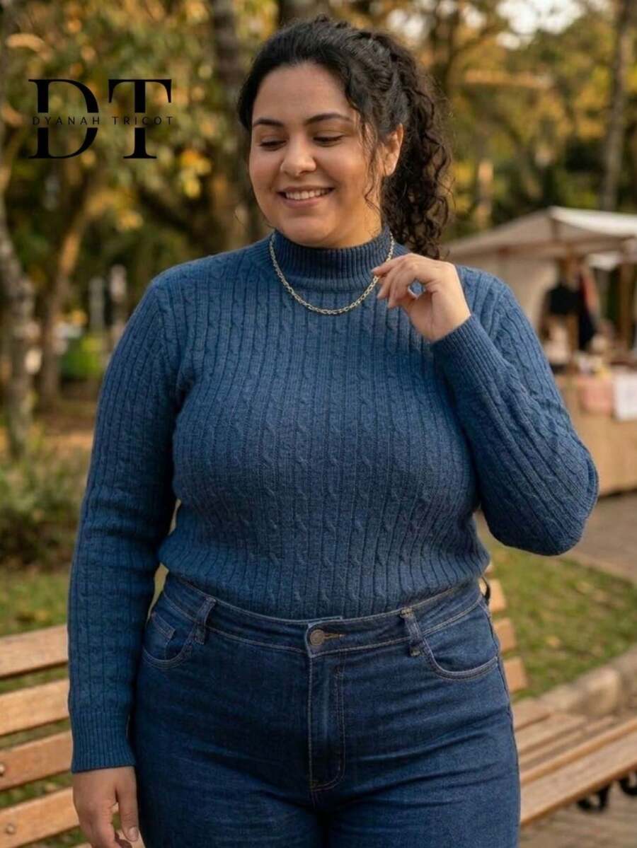 Women's Plus Size Knit Blouse With High Neck, Long Sleeves, Braided Knit Sweater With Fitted Cuffs, Winter - 藏蓝色 - 查看 1