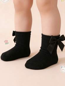 4pairs Girls Bow & Striped Princess Style Solid Color Baby Socks For Daily Wear - Multicolor - View 7