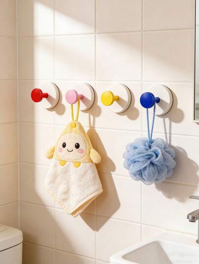 Conjunto de 1/4 ganchos adesivos coloridos de dopamina, sem necessidade de furar, resistentes e à prova d'água, ideais para banheiro e cozinha. Ganchos de plástico removíveis e reutilizáveis para pendurar casacos, bolsas, chapéus, toalhas, roupões e acessórios. Não danificam as paredes. Ganchos decorativos para organização da casa.