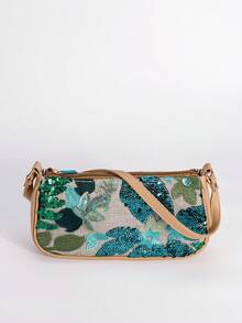 1pc Flower Embroidered Sequined Messenger Bag, Fashionable Ladies Beach Holiday Shoulder Bag, Holiday Party Dinner Bag. - Green - View 5