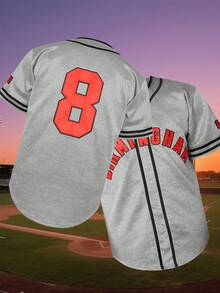 Men's #8 Birmingham Baseball Jersey, Gray Red Black Athletic Short Sleeve Shirt For Game Day & Daily Wear - 灰色 - 查看 3