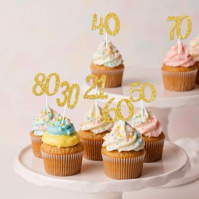 10个金色闪光数字水果插牌，适用于18/21/30/40/50/60/70/80岁生日派对蛋糕装饰